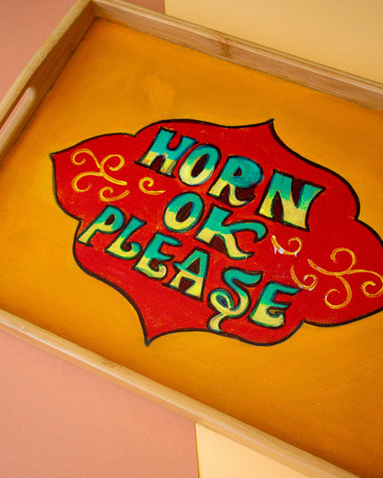 Casa Duniya Hand-Painted Decorative Wooden Tray Horn OK Please Tray