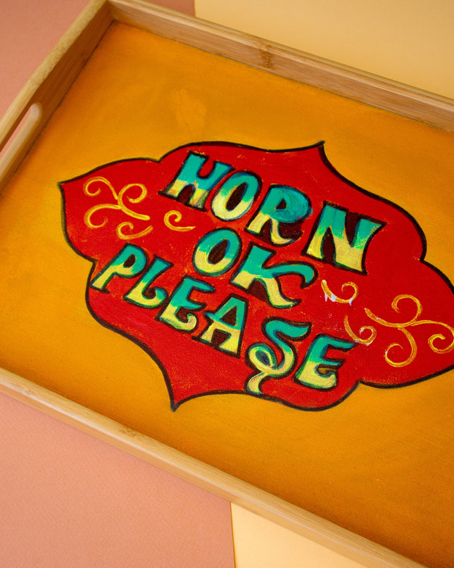 Casa Duniya Hand-Painted Decorative Wooden Tray Horn OK Please Tray