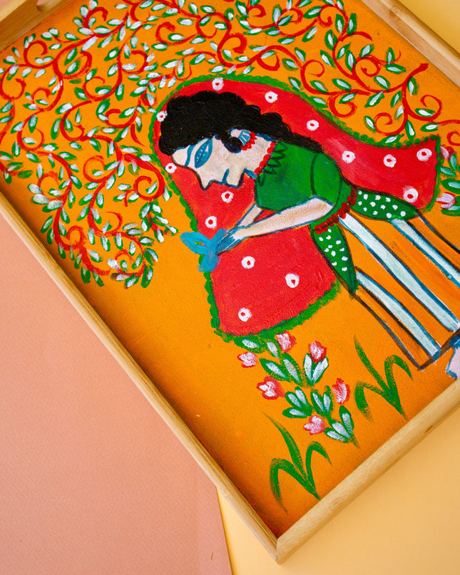 Casa Duniya Hand-Painted Decorative Wooden Tray Indian Girl Tray