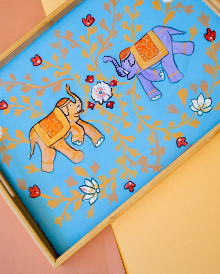 Casa Duniya Hand-Painted Decorative Wooden Tray Turquoise Elephant Tray