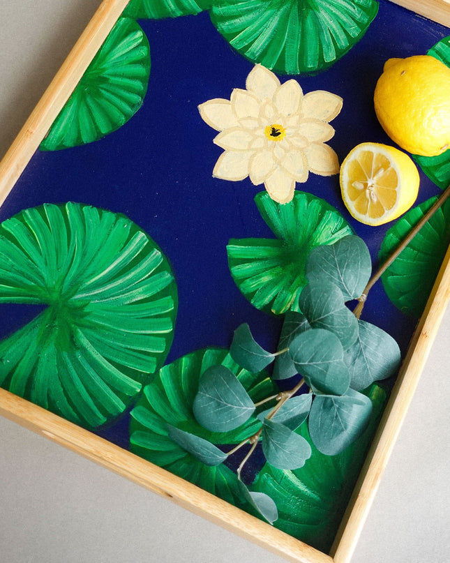 Casa Duniya Hand-Painted Decorative Wooden Tray Yellow Water Lily Tray