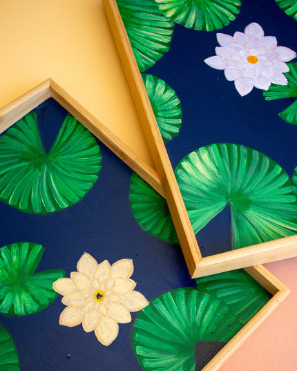 Casa Duniya Hand-Painted Decorative Wooden Tray Yellow Water Lily Tray