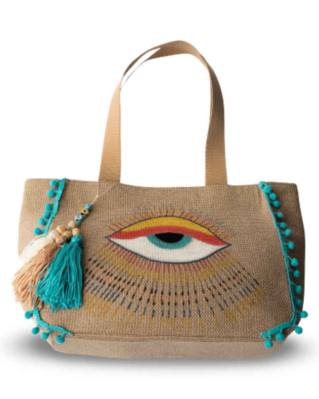 Casa Duniya Hand-Painted Evil Eye Tote Bag Turquoise Antalya Canvas Beach Bag