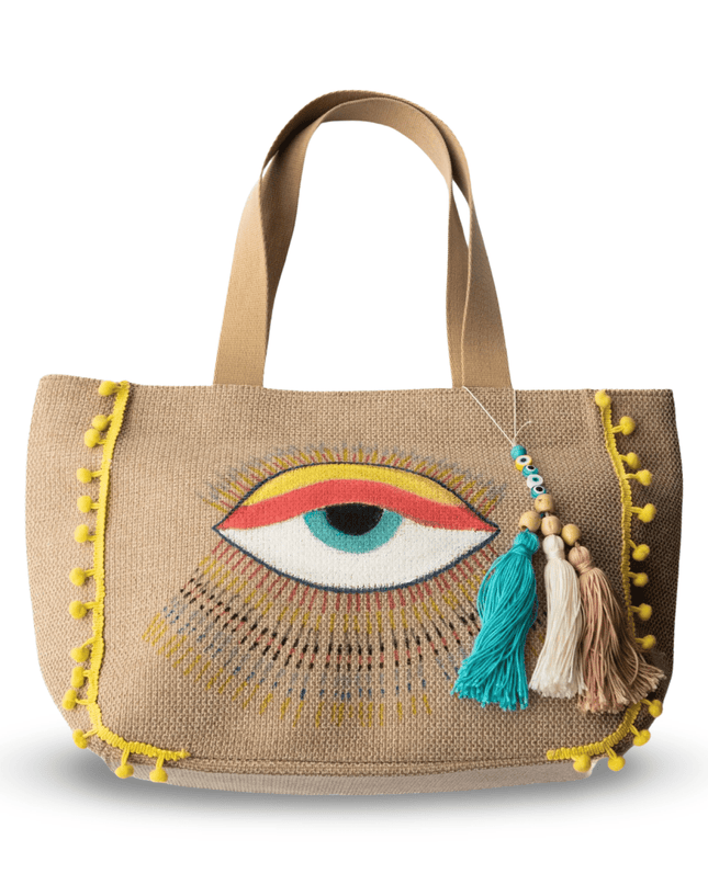 Casa Duniya Hand-Painted Evil Eye Tote Bag Yellow Antalya Canvas Beach Bag