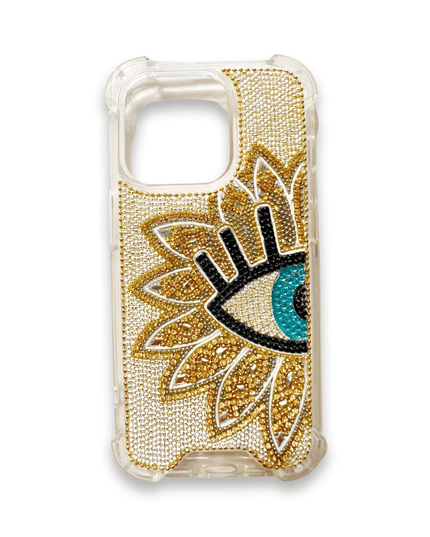 Casa Duniya Mobile Phone Accessories Gold with Blue Evil Eye Embellished Iphone 14/15 Pro Cases