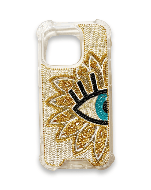 Casa Duniya Mobile Phone Accessories Gold with Blue Evil Eye Embellished Iphone 14/15 Pro Cases