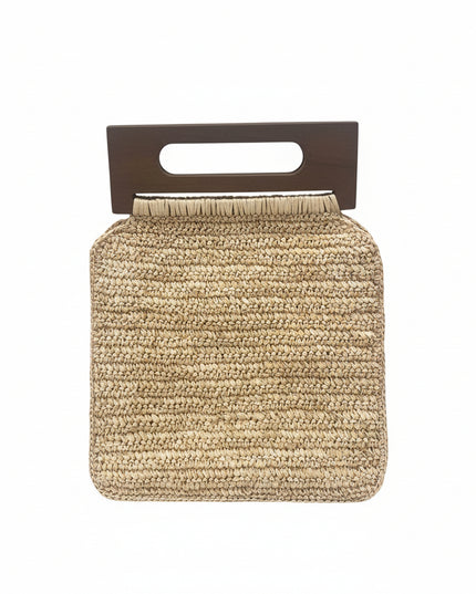 Casa Duniya Raffia Handbag with Wooden Handle Beige Raffia Bag with Wooden Handle