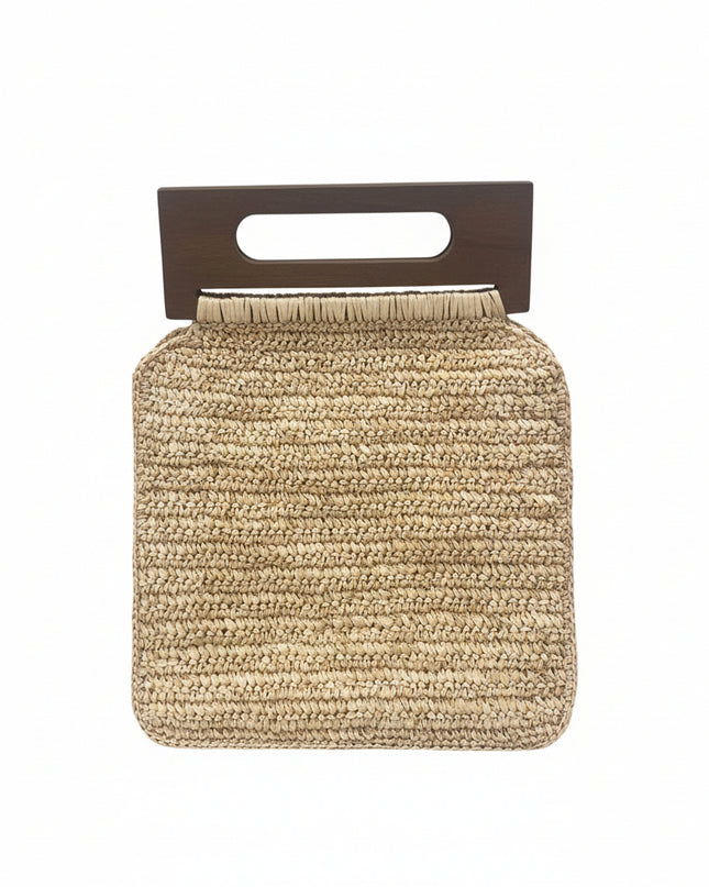 Casa Duniya Raffia Handbag with Wooden Handle Beige Raffia Bag with Wooden Handle