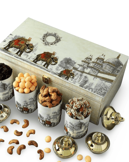 Casa Duniya Wooden Decorative Box with Metal Jars Hathi Box Set with 4 Jars