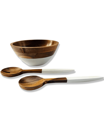 Casa Duniya Wooden Salad Bowl Set White Suma Salad Bowl and Servers