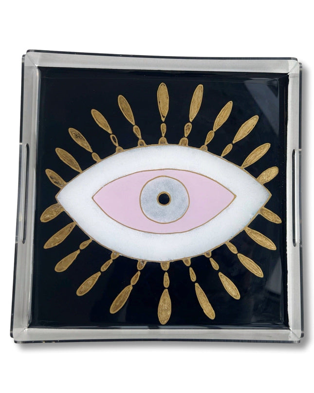 Casa Duniya Hand-Painted Acrylic Serving Trays Black/Pink Square Hand-Painted Nazar Trays