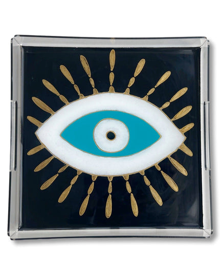 Casa Duniya Hand-Painted Acrylic Serving Trays Black/Turquoise Square Hand-Painted Nazar Trays