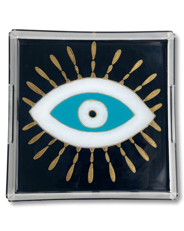 Casa Duniya Hand-Painted Acrylic Serving Trays Black/Turquoise Square Hand-Painted Nazar Trays