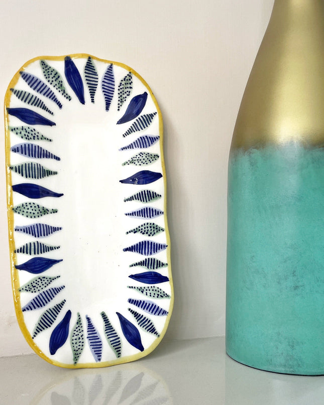 Casa Duniya Hand-Painted Ceramic Serving Platter Gari Long Plate