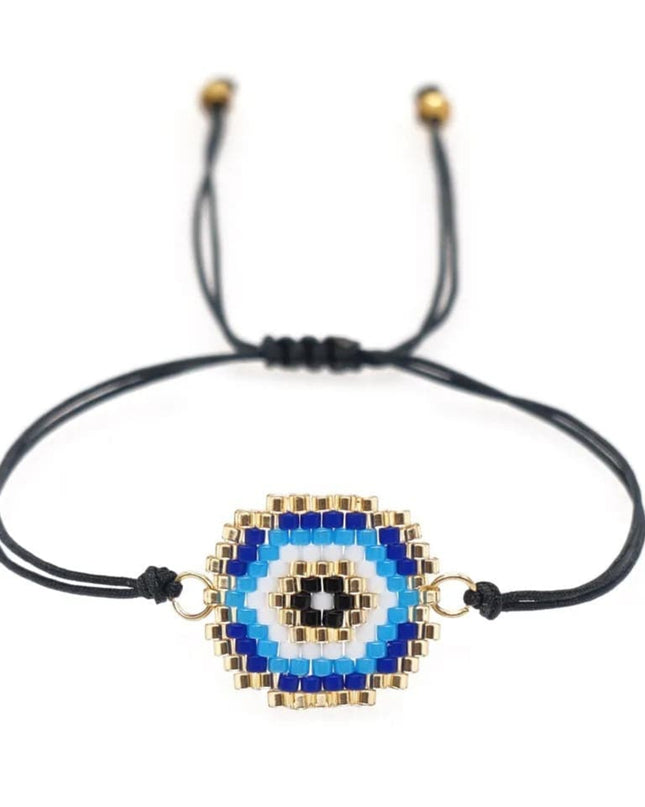 Casa Duniya Miyuki Beaded Evil Eye Fashion Bracelet Black with Blue Evil Eye - Medium Beaded Bracelets