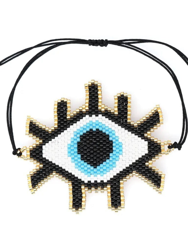 Casa Duniya Miyuki Beaded Evil Eye Fashion Bracelet Black with Blue Evil Eye - XLarge Beaded Bracelets