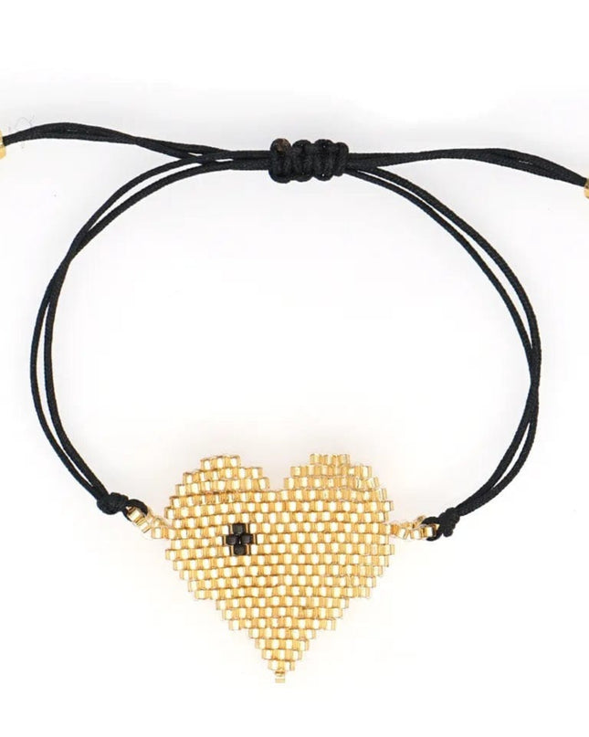 Casa Duniya Miyuki Beaded Evil Eye Fashion Bracelet Black with Gold Heart Beaded Bracelets