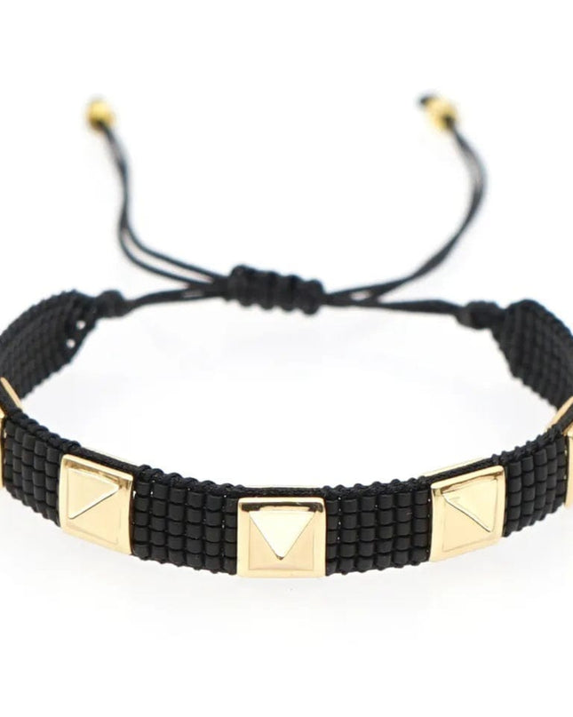 Casa Duniya Miyuki Beaded Evil Eye Fashion Bracelet Black with Gold Studs Beaded Bracelets